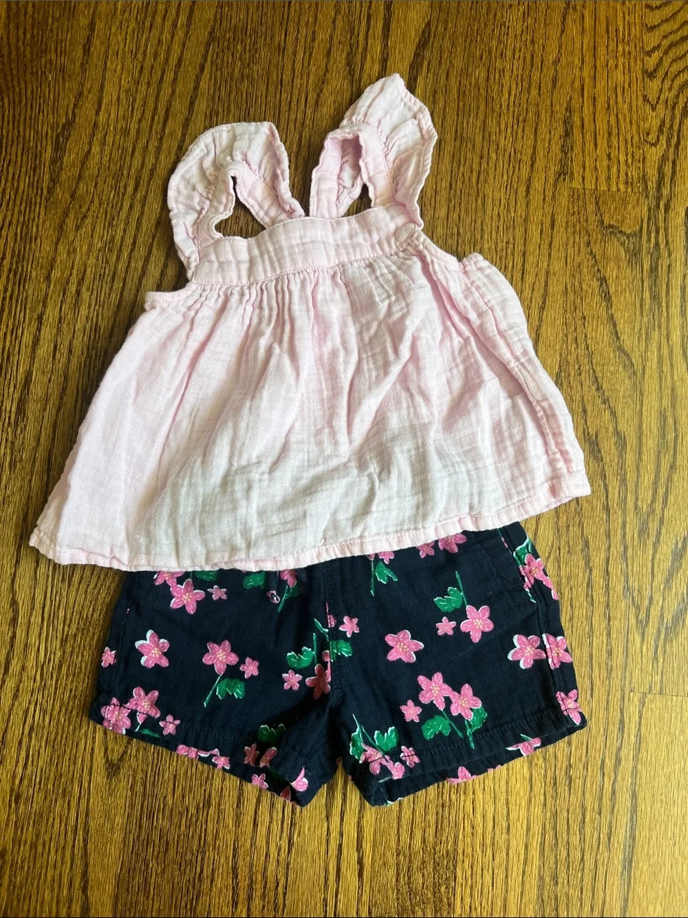 Old Navy Pink Ruffle Tank with Navy Floral Shorts